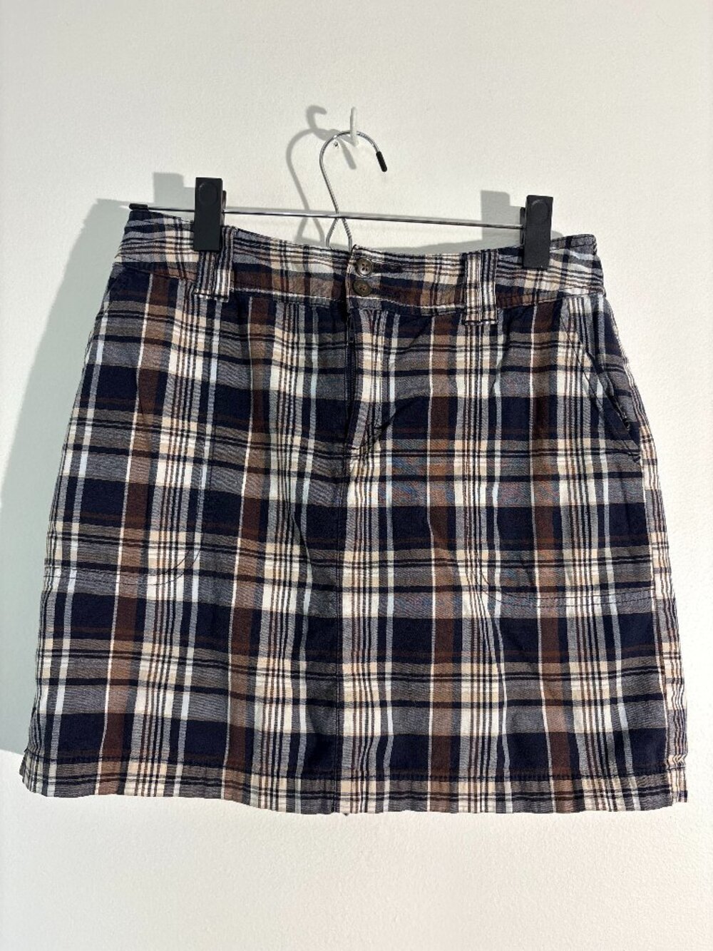 Plaid A Line Mini Skirt Womens Brown Navy Blue Tan Check Casual Cotton Skort